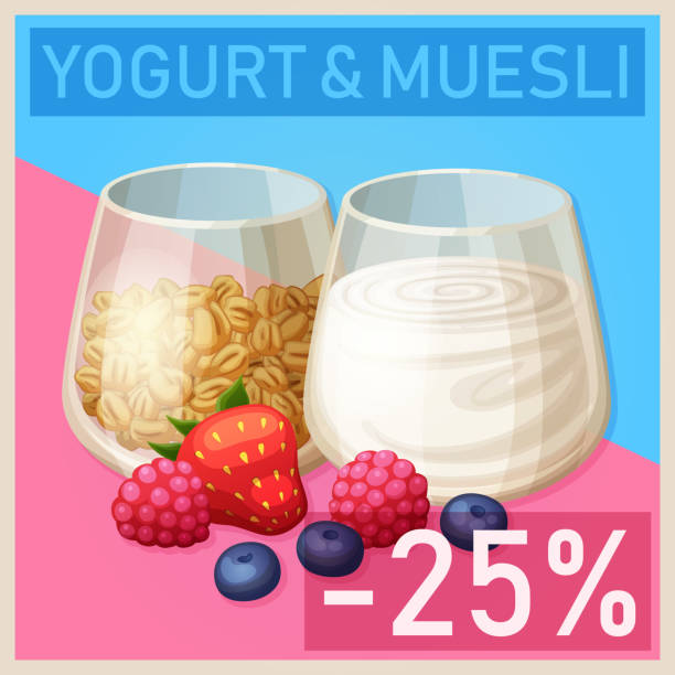 ilustrações de stock, clip art, desenhos animados e ícones de cartoon illustration of yogurt and muesli in separate glasses and berries. vector granola icon for breakfast - parfait glass