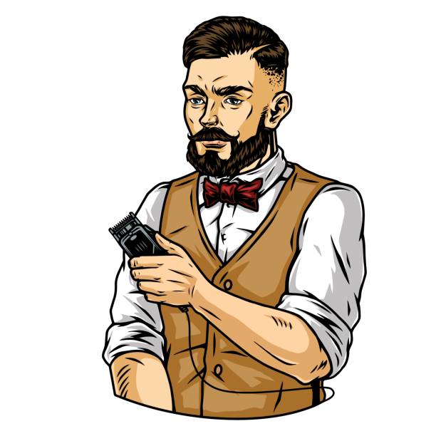 Vintage concept of trendy barber man holding hair clipper on white background isolated vector illustration