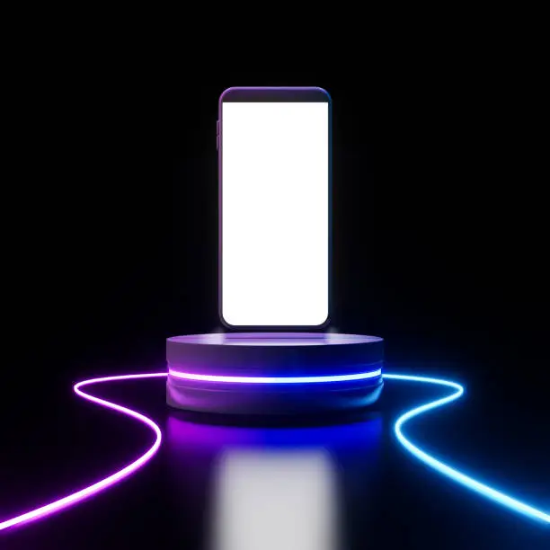 3d rendering smartphone with bright white screen on neon cylinder podium.