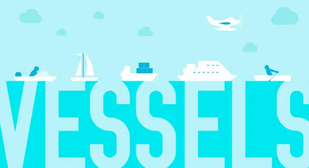 Vector illustration of Vessels, boats, ship types. Vector illustration