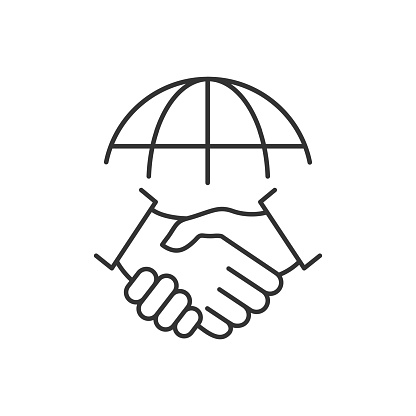 Handshake and globe line icon. International agreement concept. World partnership linear symbol. Vector isolated on white.