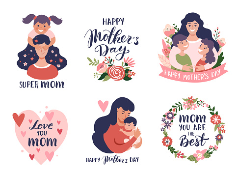Mother's day greeting cards, posters set with mom and baby, calligraphy text. Hand drawn vector illustration set.