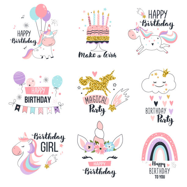 Happy birthday greeting cards. Happy birthday greeting cards with cute unicorns. Hand drawn vector illustration. Unicorn stock illustrations