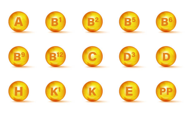 satz von multi-vitamin-komplex-symbole. multivitamin-ergänzung. vitamin a, b gruppe b1, b2, b3, b5, b6, b9, b12, c, d, d3, e, k, h, k1, pp. wesentlicher vitaminkomplex. gesundes lebenskonzept - capsule vitamin pill letter k medicine stock-grafiken, -clipart, -cartoons und -symbole