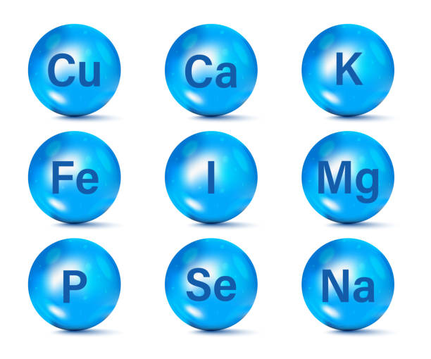 набор основных значков минеральных добавок. минералы и поливитаминный комплекс для здоровья. кальций цинк магния марганец железа молибден - letter k stock illustrations