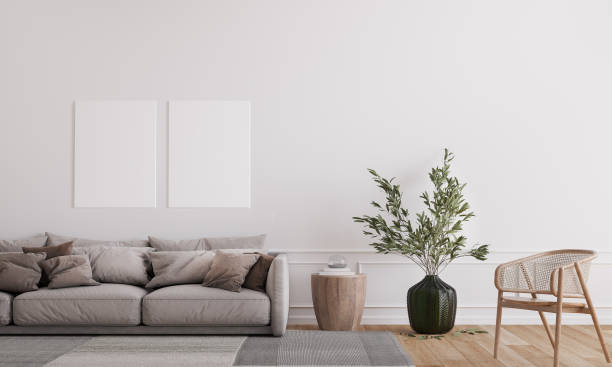Mockup frame in farmhouse living room interior, beige sofa on white wall background