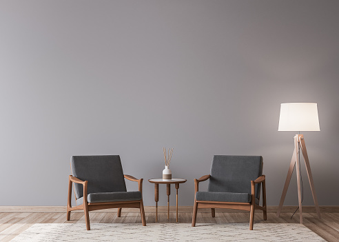 Diseño de sala de estar con maqueta de pared vacía, dos sillas de madera en la pared blanca, espacio de copia photo