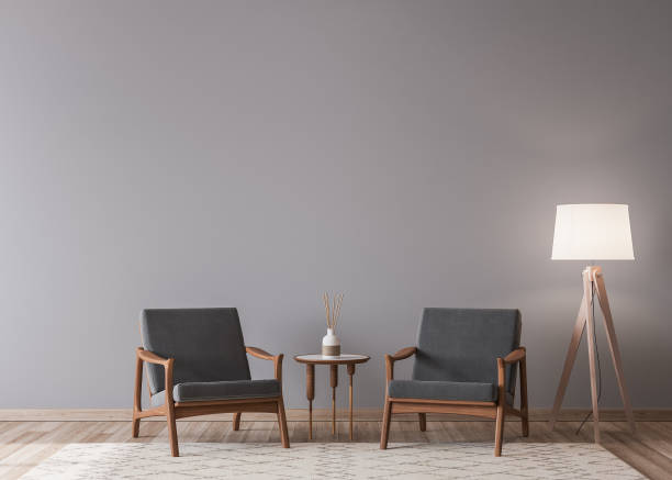 空の壁のモックアップ、白い壁に2つの木製の椅子、コピースペースとリビングルームのデザイン - chair ストックフォトと画像