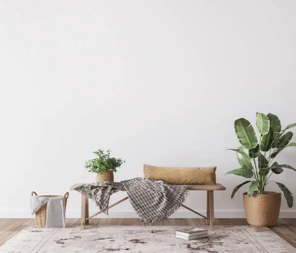 Photo of mock up wall in boho interior background, wooden living room design, Scandinavian style