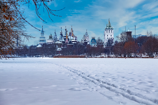 Moscow landscape. Winter view of the Izmailovsky Kremlin in Moscow from the ice of a frozen pond Moscow, Russia, January 2021