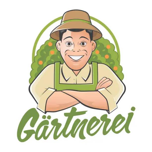 Vector illustration of gardener cartoon logo with German text that means gardening