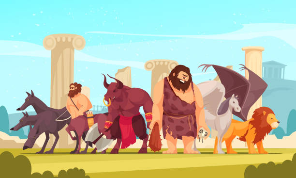 illustrazioni stock, clip art, cartoni animati e icone di tendenza di composizione delle creature mitologiche greche - vengeful