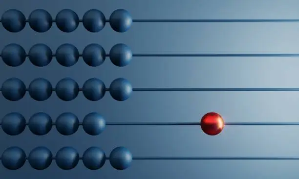 Different red colored ball between others on abacus. ( 3d render )