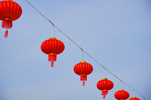 Close-up Chinese lanterns on the blue sky background