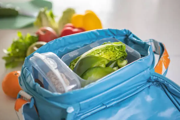 Vegan snacks in a plastic box in the blue cooler bag