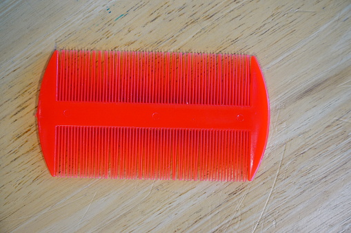 Close-up new red comb on wooden background