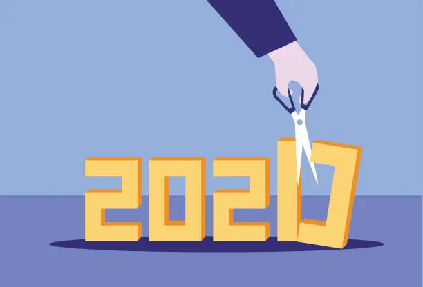 Vector illustration of Cut out 2020 with scissors and turn it into 2021