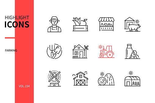 Farming - modern line design style icons set. Agriculture concept. Farmer, crop, market, farm animals, tools, house, tractor, dairy products, windmill, barn, haystacks, greenhouse