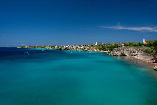 Clear sky and turquoise Caribbean Sea at Westpunt, Curacao.