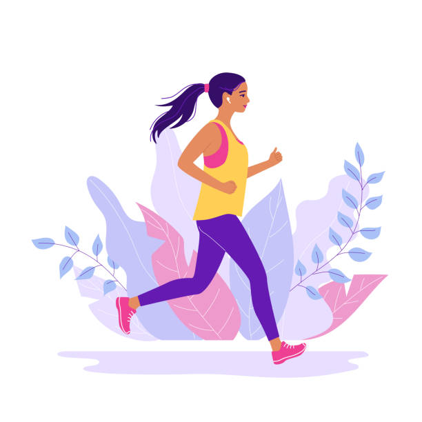 młoda kobieta jogging. koncepcja aktywnego zdrowego stylu życia, bieganie, zawody miejskie, maratony, trening cardio, ćwiczenia. izolowane ilustracje wektorowe do ulotek, ulotki, banerów - city of post stock illustrations