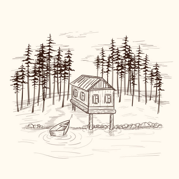 ilustrações de stock, clip art, desenhos animados e ícones de wooden house on the bank of the river in a pine forest. boat is near the shore. hunting, fishing, tourism, outdoor recreation by the lake. forest landscape in sketch line style. vector illustration - fishing hut