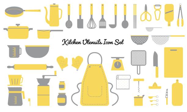 illustrazioni stock, clip art, cartoni animati e icone di tendenza di illustrazione vettoriale del set di icone utensili da cucina - poultry shears