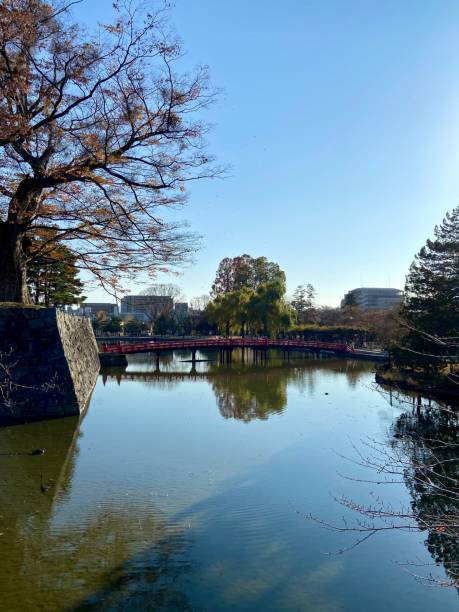 istock The mirror image on the river and red bridge 1298954251