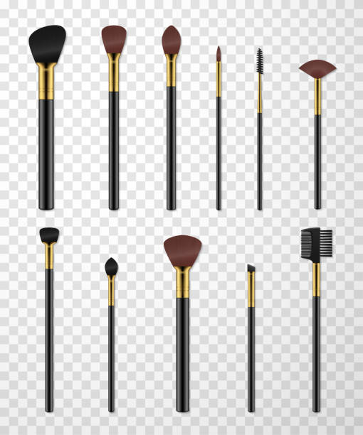 ilustrações de stock, clip art, desenhos animados e ícones de makeup brushes, comb for eyebrows, spoolie with black plastic rods realistic set. cosmetic tools. - eyes narrowed