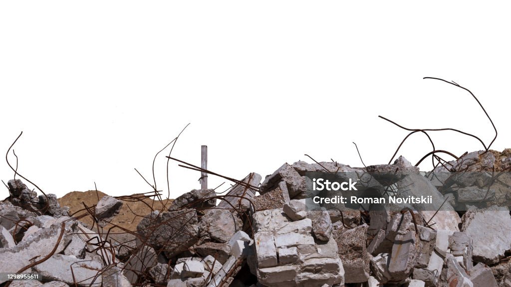 Concrete remains of a ruined building with exposed rebar, isolated on a white background. Background Concrete remains of a ruined building with exposed rebar, isolated on a white background. Background. Rubble Stock Photo