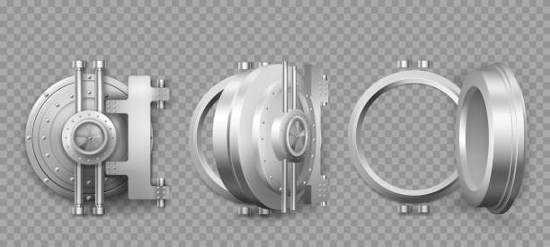 Bank safe vault door opening motion sequence set Bank safe vault door opening motion sequence animation. Metal steel round gate close, slightly ajar and open, isolated mechanism with welds and rivets. Gold and money storage, Realistic 3d vector set safes and vaults stock illustrations
