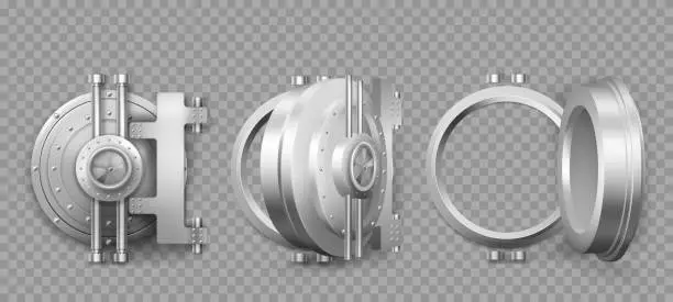 Vector illustration of Bank safe vault door opening motion sequence set