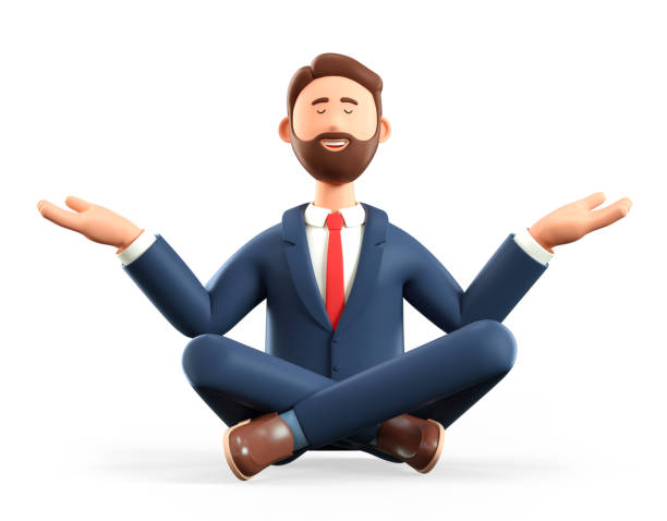 床に座っている瞑想する男の3dイラスト。白で孤立したヨガの蓮の位置で漫画の笑顔のビジネスマン。 - zen like meditating yoga business ストックフォトと画像