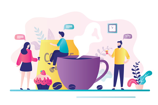 Business people meet at office break. Man and woman holds cups of coffee. Office workers relaxing, talking and drinking coffee. Lunchtime in company. Employees communicate and eat. Vector illustration