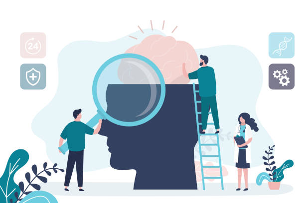Mental health care treatment concept. Specialist doctor work to give psychology therapy. Tiny people, teamwork. Mental health care treatment concept. Specialist doctor work to give psychology therapy. Tiny people, teamwork. Funny characters in trendy style. Medical staff on ladder. Flat vector illustration doctor head stock illustrations