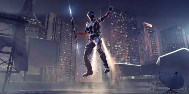 A female superhero with a jet pack and weapon staff landing or taking off from a rooftop amidst skyscrapers. The superhero is wearing a generic red and blue suit with matching gloves, helmet and boots and carries a staff which has lights at both ends. Set at night.