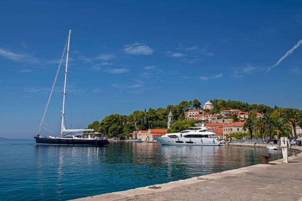 Luxury Yachts anchored in town Cavtat in southern Dalmatia Cavtat is small town near Dubrovnik, Croatia cavtat photos stock pictures, royalty-free photos & images