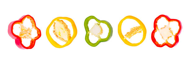 istock Isolated set. Five slices of pepper vegetables on white background with clipping path as package design element. 1298960382