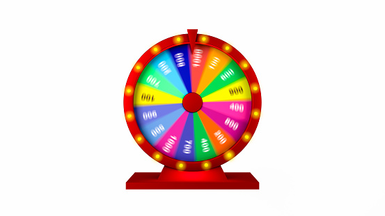 3d rendering, Realistic colorful mock up Casino or fortune wheel spinning with blur motion, isolated white background.