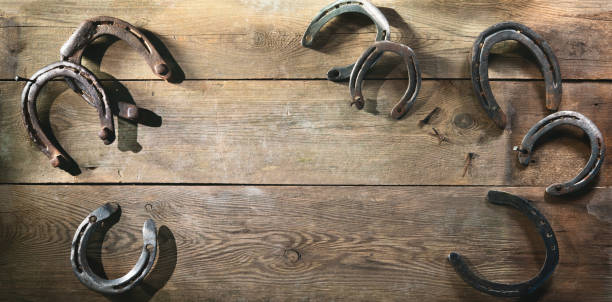 istock Old rusty horse shoes on barn floor 1298961399