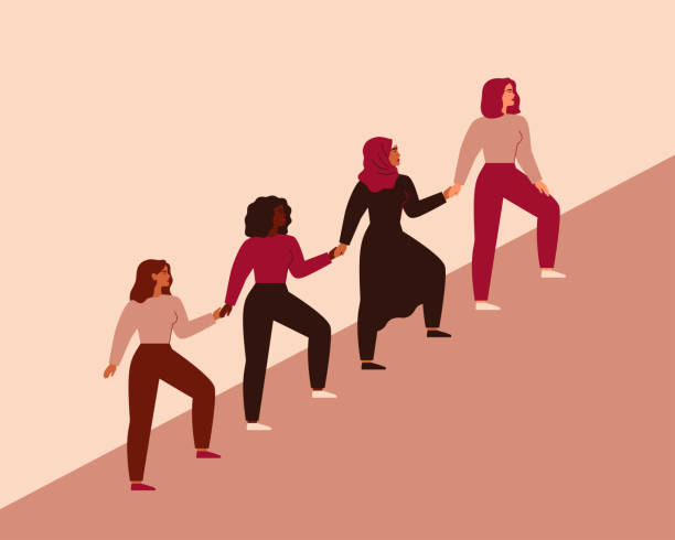 ilustraciones, imágenes clip art, dibujos animados e iconos de stock de las mujeres pueden hacerlo. cuatro personajes femeninos caminan juntos y sostienen los brazos. las chicas se apoyan unas a otras. cartel de la amistad, la unión de feministas y hermandad. - mujer