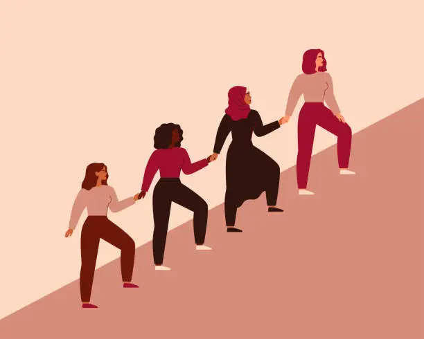 Vector illustration of Women can do it. Four female characters walk up together and hold arms. Girls support each other. Friendship poster, the union of feminists and sisterhood.