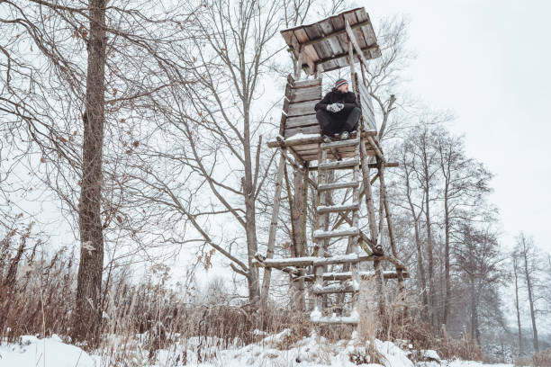A man sitting on a ladder at the entrance to the hunting pulpit observes the forest edge on a winter's day.