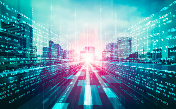 istock Digital data flow on road with motion blur to create vision of fast speed transfer 1298963282