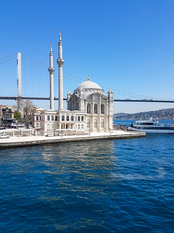 Big Mecidiye Mosque or Ortaköy Mosque, built in Neo Baroque style, located on the beach in Ortaköy district of Beikta district in the Bosphorus, Istanbul.