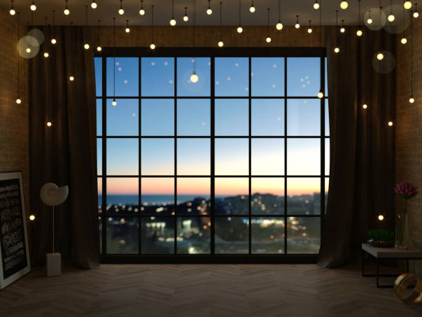 Loft style interior wall with black windows 3d illustration. Loft-style attic interior with a huge metal window. Panorama of the city. Studio interior of old house garret stock pictures, royalty-free photos & images