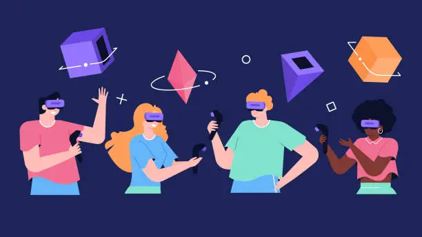 Vector illustration of Set of characters on black background in VR glasses with controllers in their hands. Cyberspace, games, virtual reality training. Vector flat illustration.