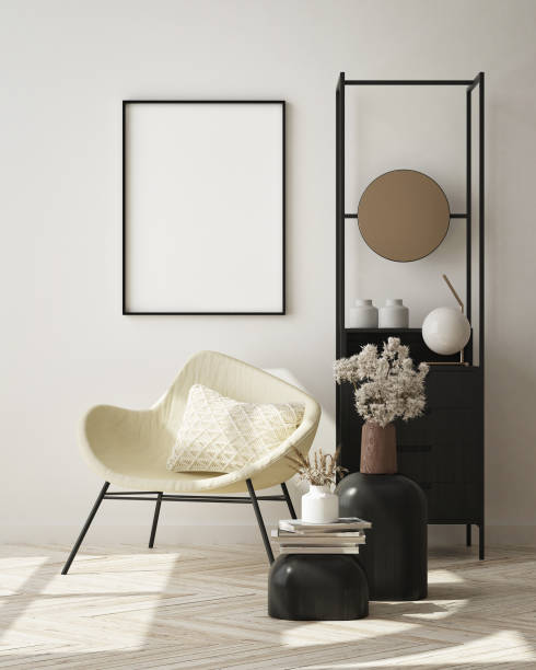 istock mock up poster frame in modern interior background, scandinavian style, 3D render 1298974398