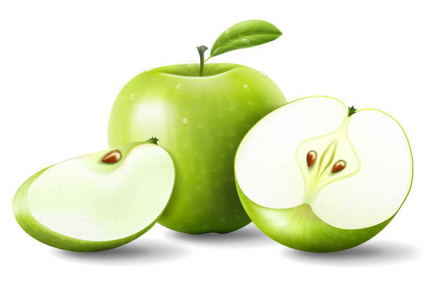 Apple. Green Apples with Green Leaves and Apple Slice - Vector Illustration. Realistic vector Apple. Green Apples with Green Leaves and Apple Slice - Vector Illustration. Realistic vector green apple slices stock illustrations