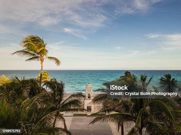Aerial View Of The Worth Avenue Clock Tower On Palm Beach Florida On A Weekday In January 2021 Stock Photo - Download Image Now
