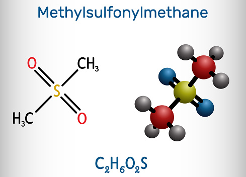 Methylsulfonylmethane, MSM, methyl sulfone, dimethyl sulfone molecule. It is organosulfur compound with sulfonyl functional group. Structural chemical formula and molecule model. Vector illustration